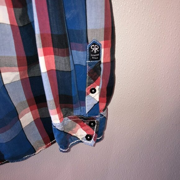 Roar Signature Mens Size XL Blue Plaid Ace Long Roll Tab Sleeve Button Up Shirt - Picture 6 of 13